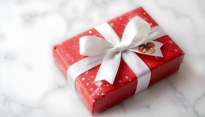 A red gift box is placed on a marble table. Gift box with a white ribbon.