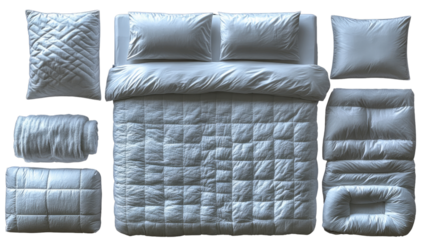 Cozy Bed: A meticulously arranged bed, viewed from above, showcases a harmonious blend of textures and patterns within a calming ambiance. The crisp sheets, plush pillows.