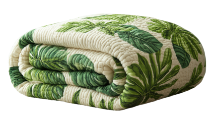 Tropical Quilt: A cozy, folded quilt showcasing a vibrant tropical leaf pattern, offering comfort and a touch of exotic flair. 