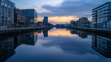 Fototapeta premium Serene Urban Landscape at Sunset Over Reflective River with Modern Architecture in View