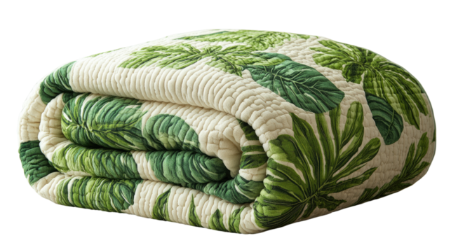 Tropical Quilt: A cozy, folded quilt showcasing a vibrant tropical leaf pattern, offering comfort and a touch of exotic flair. 