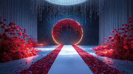 AI-themed wedding stage design featuring red and white crystal chandeliers, floral LED screens displaying couple's profiles, rose petals leading to seating areas under a dark gray gradient background.
