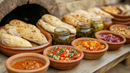 Fresh Bread and Colorful Dishes Displayed on Wooden Counter in Rustic Setting
