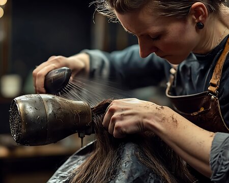Woman is blow drying a woman's hair