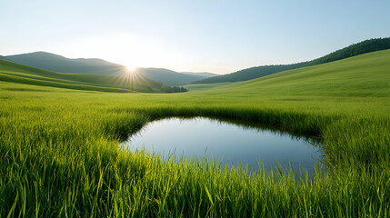 Obraz premium Sunrise Over Lush Green Field with Pond