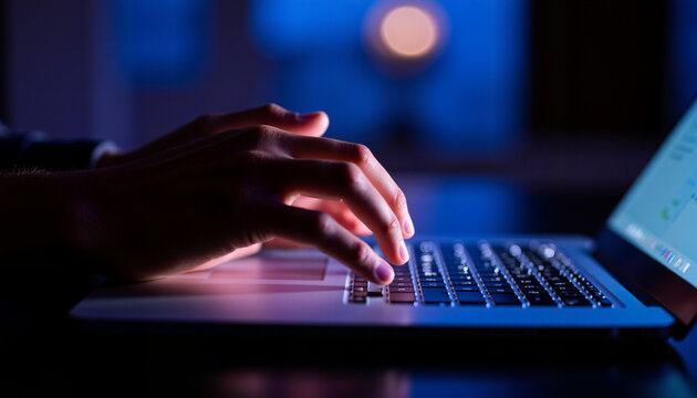 Credit card theft .Person typing on laptop in dim lighting during nighttime  