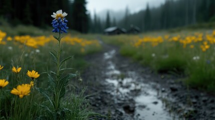 Obraz premium Wildflower meadow path after rain