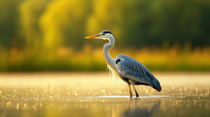 Fototapeta premium Majestic heron standing in serene water during golden hour with soft background light