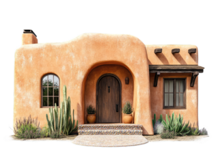 Southwestern adobe style home with rounded corners, vigas beams, and tiled entrance, isolated on white background