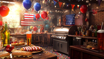 Celebration Feast: A festive scene adorned with patriotic decorations, balloons, and a barbecue, set the stage for a lively gathering with culinary delights. Celebrate joy and community.