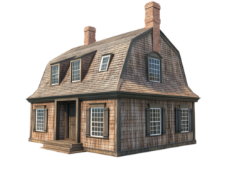 Dutch colonial house with gambrel roof, dormers, and shuttered windows, isolated on white background