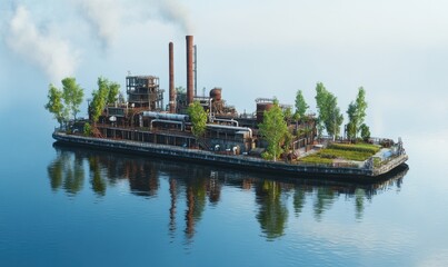 Derelict factory island, calm water, overgrown, sunrise.  Industrial pollution reclamation image