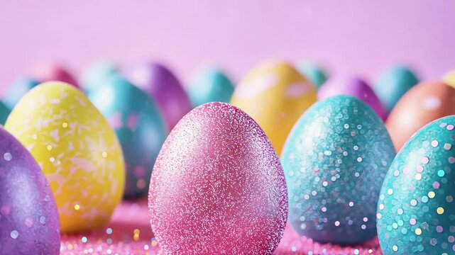 Colorful glitter Easter eggs on a vibrant background