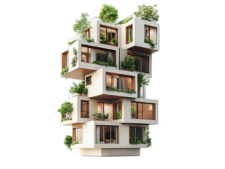 Urban micro-apartment building with efficient modular units and shared community spaces, isolated on white background