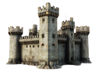 Medieval castle with stone towers, crenellated battlements, and drawbridge over moat, isolated on white background