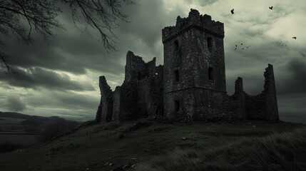 Obraz premium Ruined castle on a hill with dark cloudy sky.
