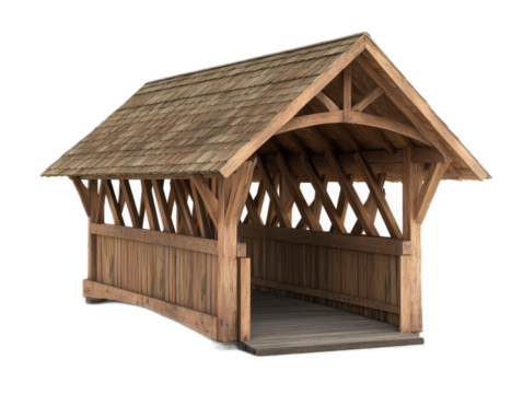 Classic covered bridge with truss structure, wooden plank road, and shingled roof, isolated on white background