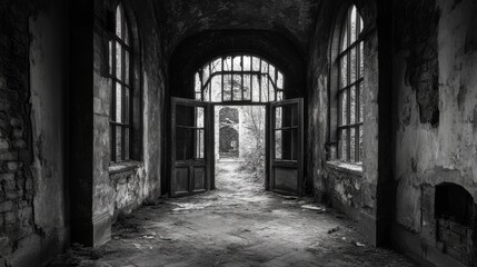 Dark corridor with open door in old building interior.