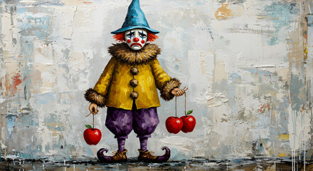 Distressed Clown in Blue Hat and Yellow Coat Holding Red Apples Against Textured Wall Art Painting