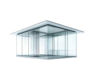 Glass and steel pavilion with minimalist design and transparent walls blending indoor-outdoor spaces, isolated on white background