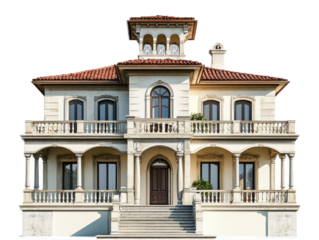 Italianate villa with low-pitched roof, wide eaves with brackets, and cupola or belvedere, isolated on white background