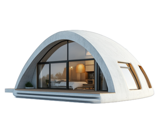 Monolithic dome home with curved concrete shell, energy efficiency, and resilient structure, isolated on white background