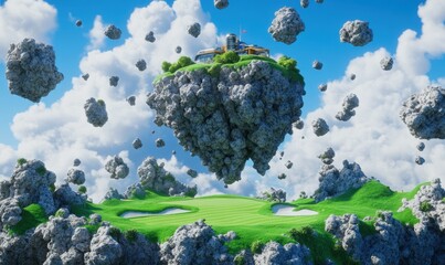 Floating golf course island; rocks fall; fantasy landscape; surreal golf; game design