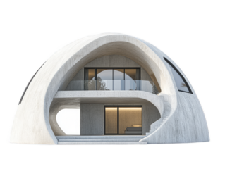 Monolithic dome home with curved concrete shell, energy efficiency, and resilient structure, isolated on white background
