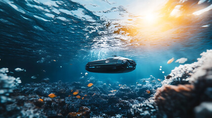 An autonomous underwater mining robot, ocean floor with robots extracting minerals, Environmental tech style