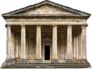 Naklejka premium Classical temple building with symmetrical design, columned portico, and triangular pediment, isolated on white background
