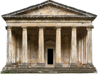 Classical temple building with symmetrical design, columned portico, and triangular pediment, isolated on white background