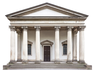 Fototapeta premium Classical temple building with symmetrical design, columned portico, and triangular pediment, isolated on white background