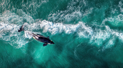 Obraz premium Overhead view of a powerful orca breaking the ocean's surface, surrounded by deep turquoise waves with subtle foam trails, reflecting morning sunlight