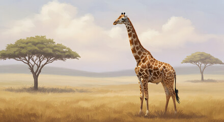 Obraz premium Serene Giraffe in Golden Savanna, Acacia Trees, Hazy Sky