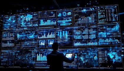 Data Analyst Monitoring Wall Displays