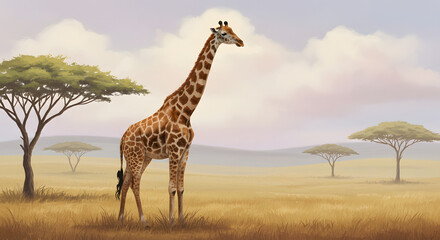 Serene Giraffe in Golden Savanna, Acacia Trees & Cloudy Sky