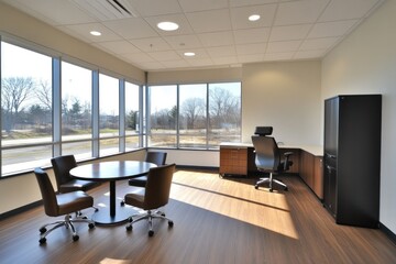 Fototapeta premium Modern office meeting room with large windows overlooking a landscape