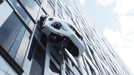 An autonomous window cleaning robot, skyscraper with robot cleaning windows at great heights, Robotics tech style