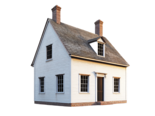 Saltbox colonial house with asymmetrical roofline, central chimney, and clapboard siding, isolated on white background