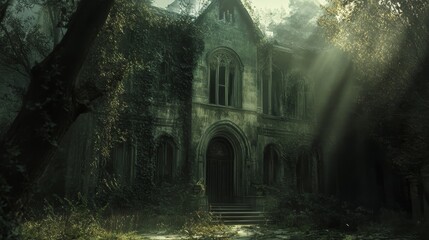 Old building surrounded by trees with light shining through.