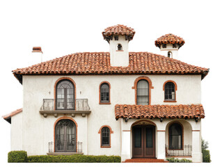 Obraz premium Mission revival building with red tile roof, curved parapet, and stucco exterior, isolated on white background