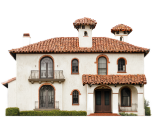 Mission revival building with red tile roof, curved parapet, and stucco exterior, isolated on white background