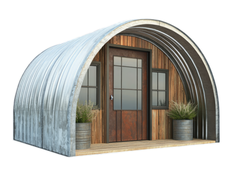 Quonset hut conversion with semicircular corrugated metal roof and custom end walls, isolated on white background