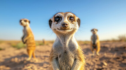 Fototapeta premium Playful Meerkats Standing in a Desert Landscape with Blue Sky and Natural Lighting
