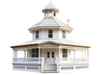 Octagonal house with eight-sided design, cupola, and wrap-around veranda, isolated on white background