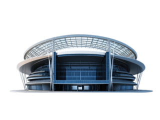 Stadium arena with curved tiers of seating, distinctive roof structure, and monumental entrance, isolated on white background