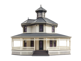 Octagonal house with eight-sided design, cupola, and wrap-around veranda, isolated on white background