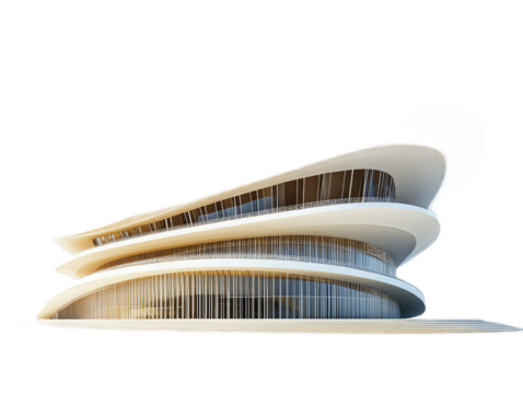 Stadium arena with curved tiers of seating, distinctive roof structure, and monumental entrance, isolated on white background