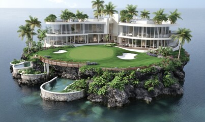 Fototapeta premium Luxury island mansion with golf course, ocean view, tropical setting; real estate advertisement