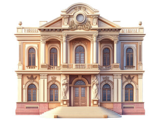 Obraz premium Classical music hall with ornate facade, grand entrance stairs, and decorative musical motifs, isolated on white background
